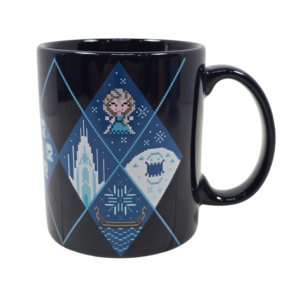 Disney Parks Frozen Cross Stitch Pixel Art 8-Bit Elsa Olaf‎ Anna Blue Coffee Mug